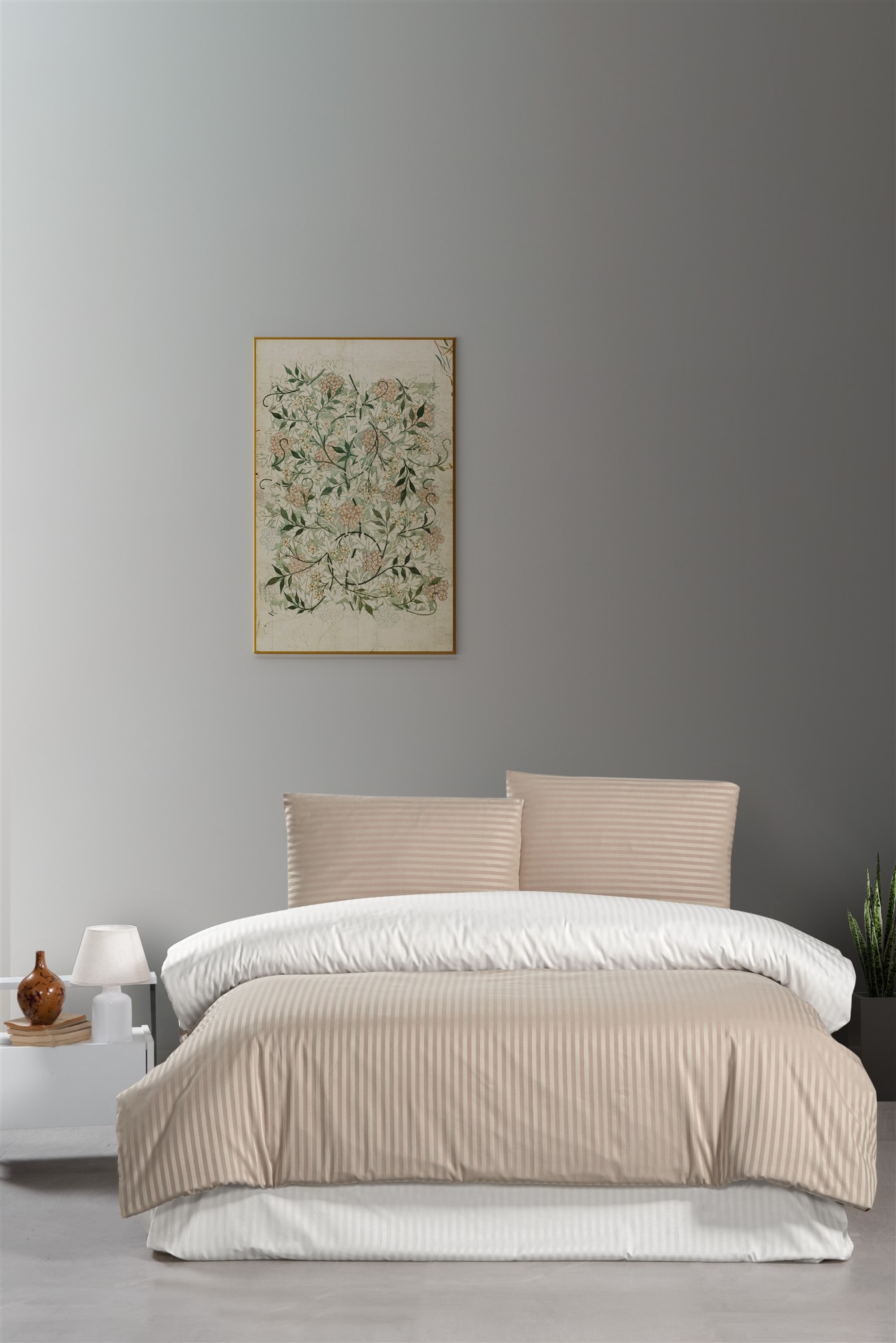 KAHVE-KREM ÇİFT TARAFLI PAMUK SATEN ÇİFT KİŞİLİK NEVRESİM TAKIMI