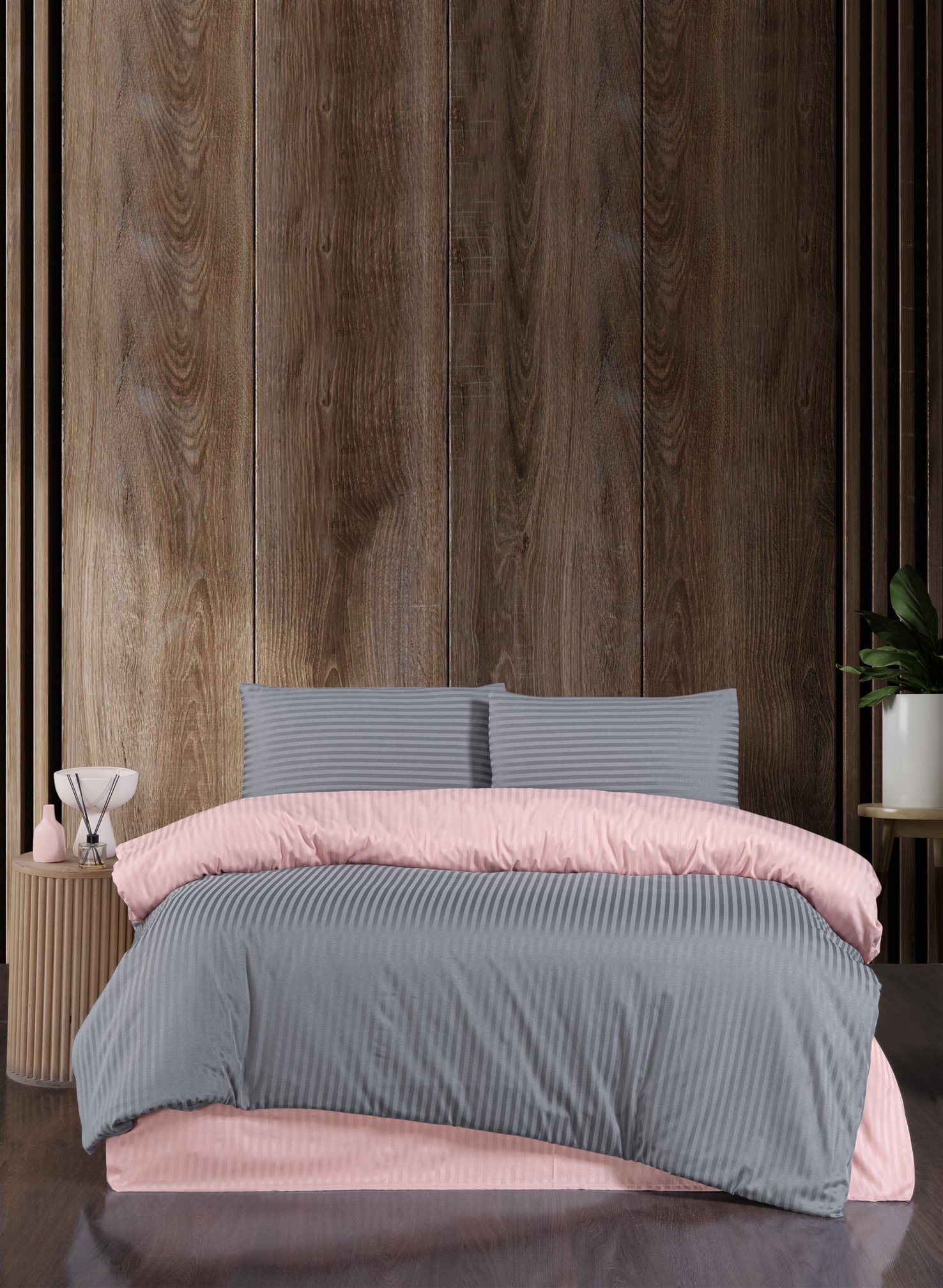 PUDRA-GRİ ÇİFT TARAFLI PAMUK SATEN ÇİFT KİŞİLİK NEVRESİM TAKIMI