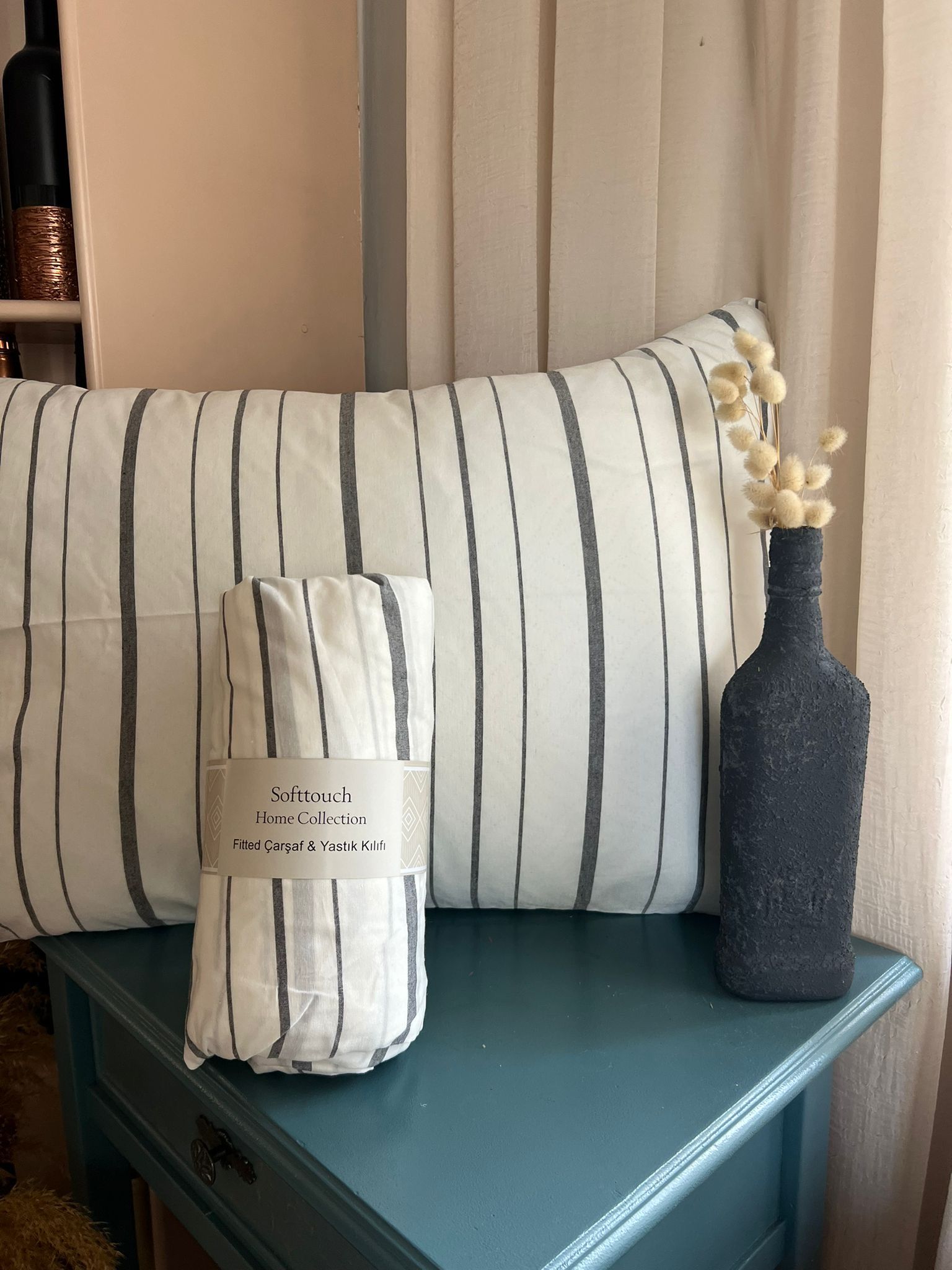 ANTRASİT ÇİZGİLİ ÇİFT KİŞİLİK LASTİKLİ ÇARŞAF SETİ